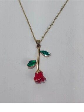 Vintage Gold Tone Rose Pendant Necklace 18” Red Enamel Flower Green Leaves